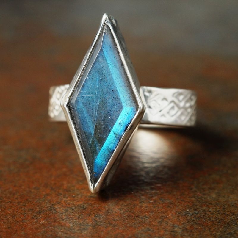 Handcrafted recycled stamped sterling silver diamond Labradorite ring